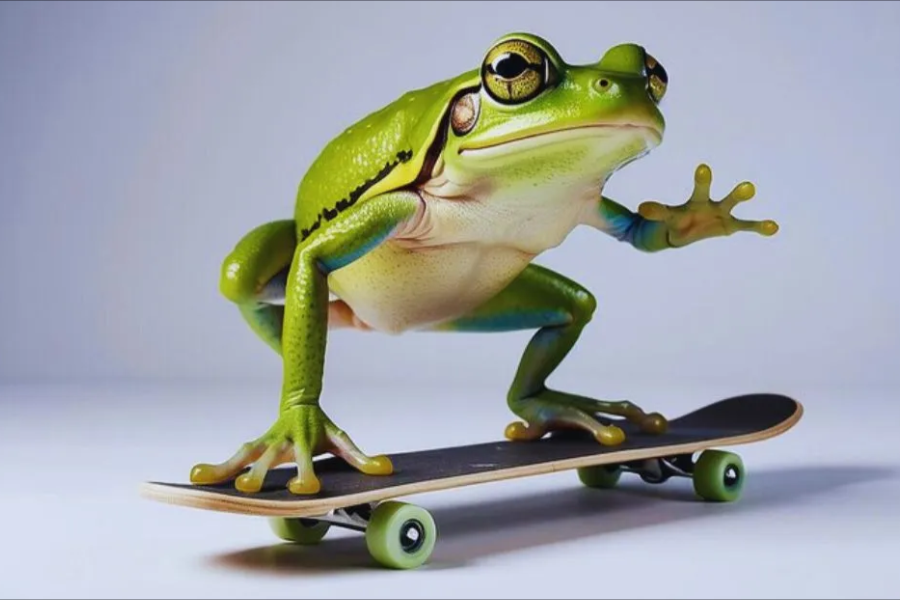 skateboard frog with a 40oz birdhouse